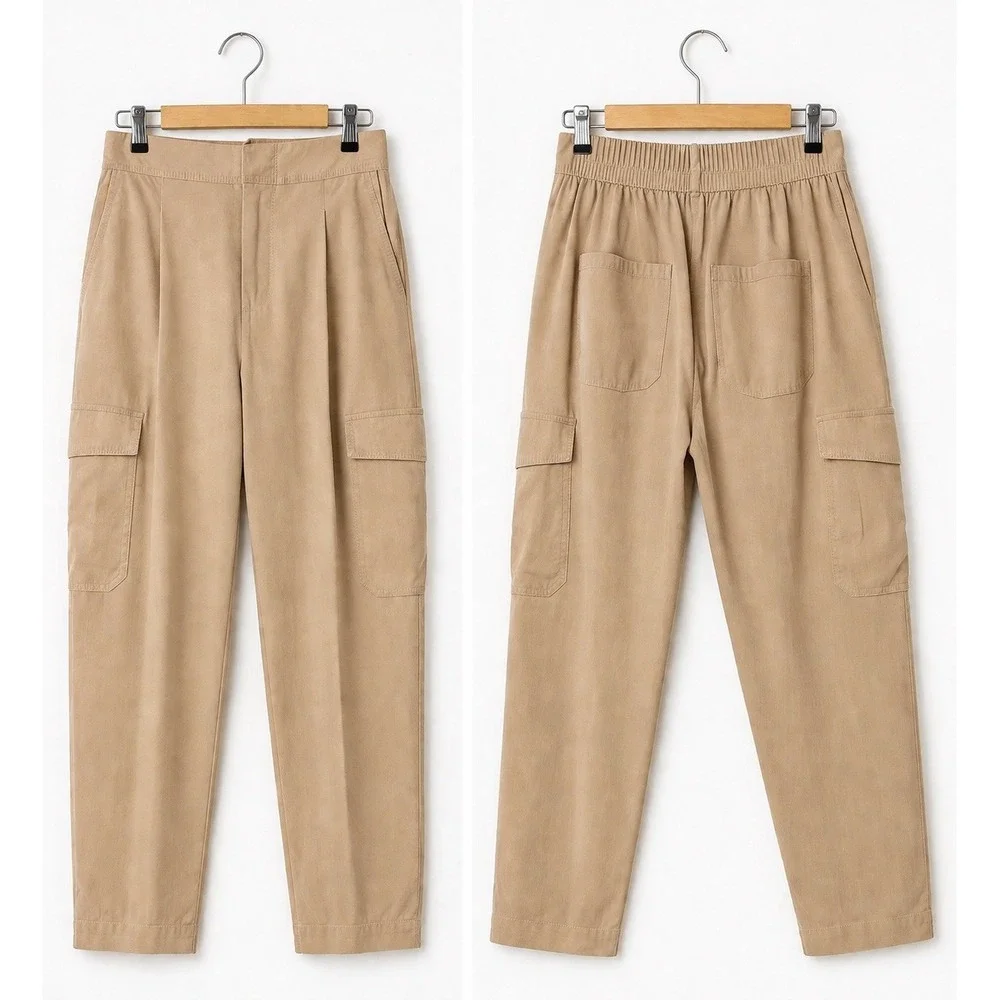 Vince Linen Blend Cargo Pants Womens 2 Khaki Utility Casual Relaxed Pockets - Picture 2 of 12